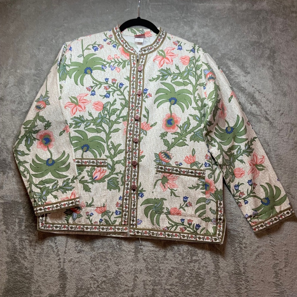 Tudor Court Haband Floral Palm Print Jacket Womens Medium Tropical Button Front